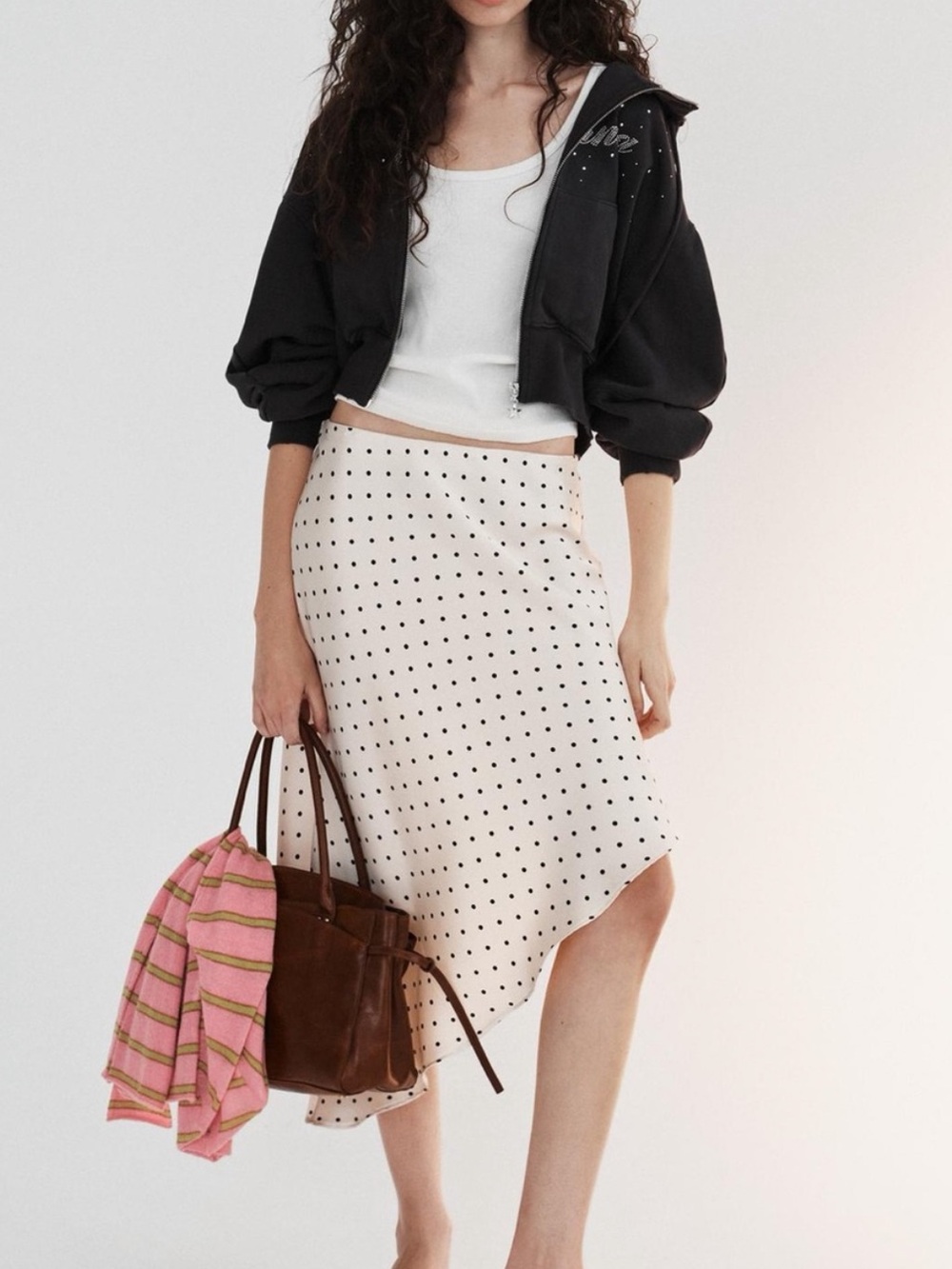 Zara White Polka Dot Asymmetrical Midi Skirt